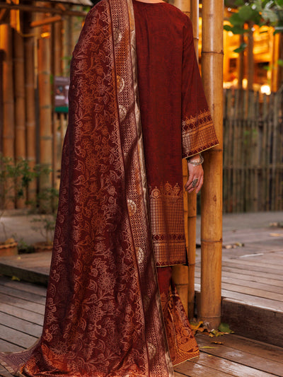 Yarn Dyed Jacquard Maroon Stitched Suit - Almirah