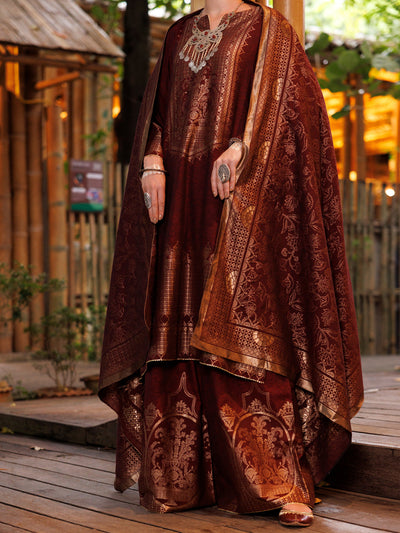 Yarn Dyed Jacquard Maroon Stitched Suit - Almirah