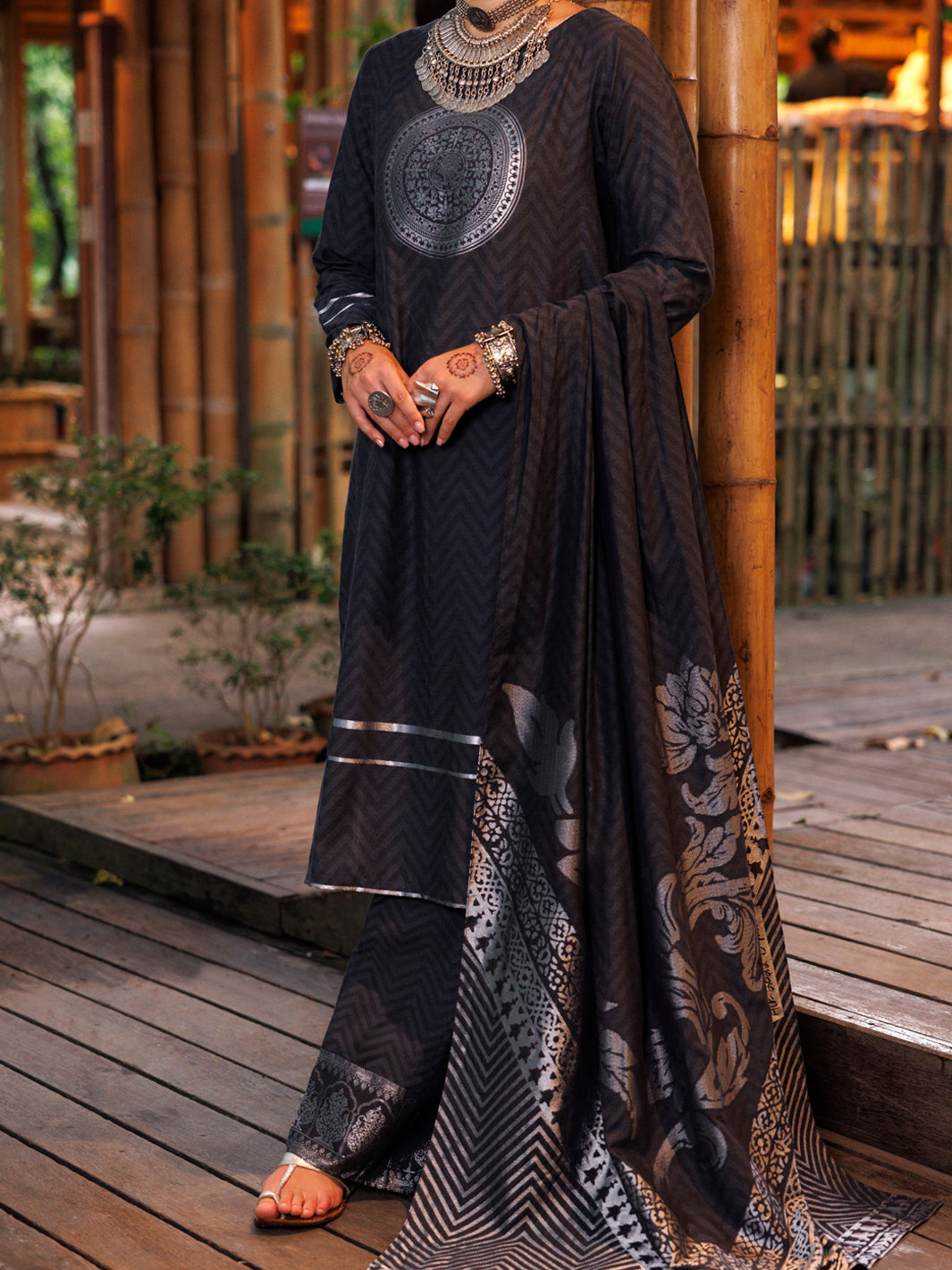 Yarn Dyed Jacquard Charcoal Grey Unstitched Suit - Almirah