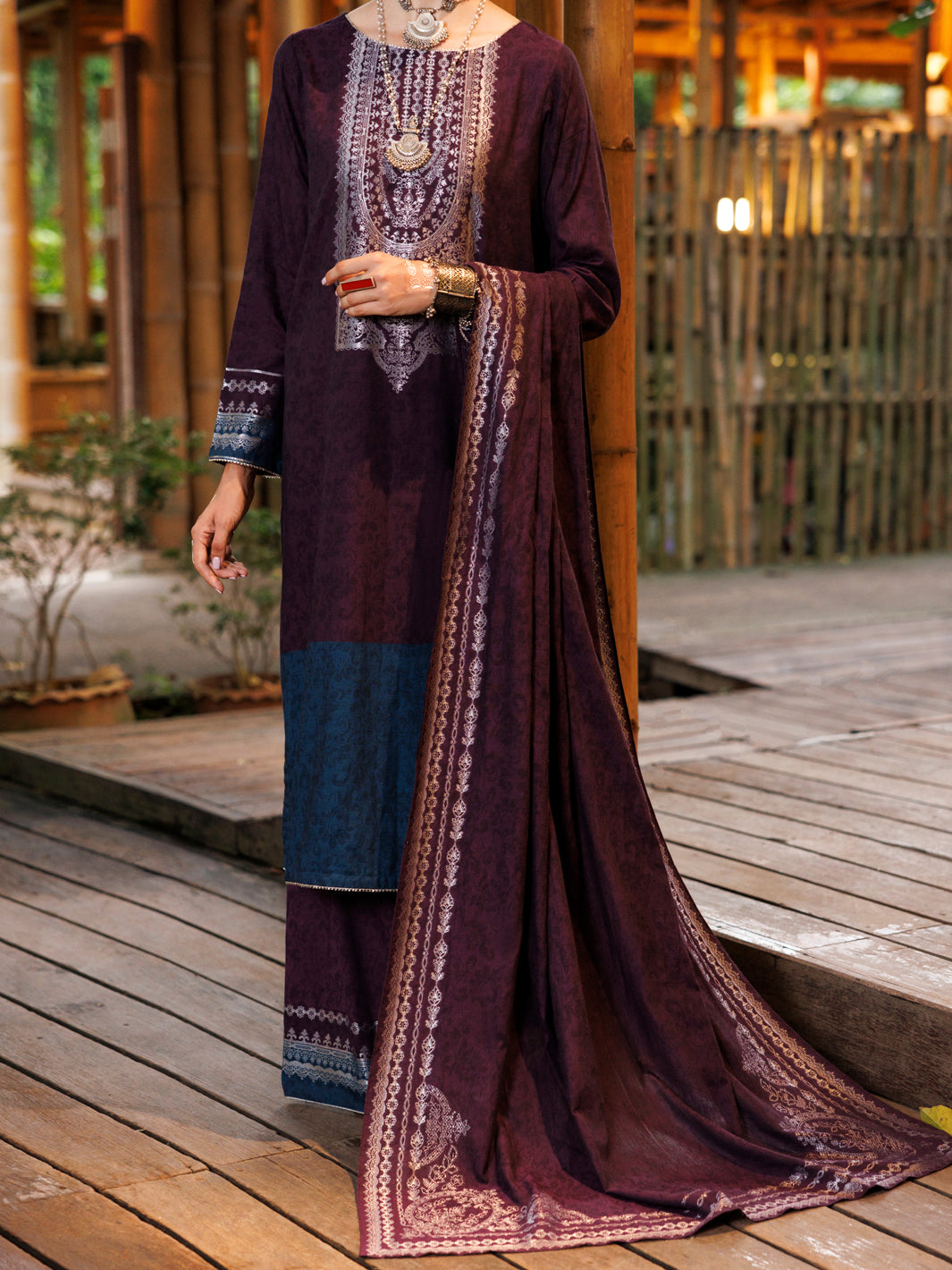 Yarn Dyed Jacquard Purple Stitched Suit - Almirah