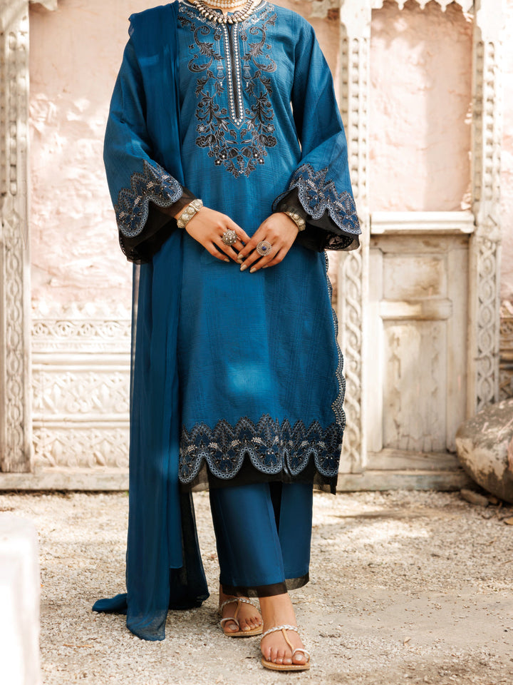 Dobby Teal Stitched Suit - Almirah