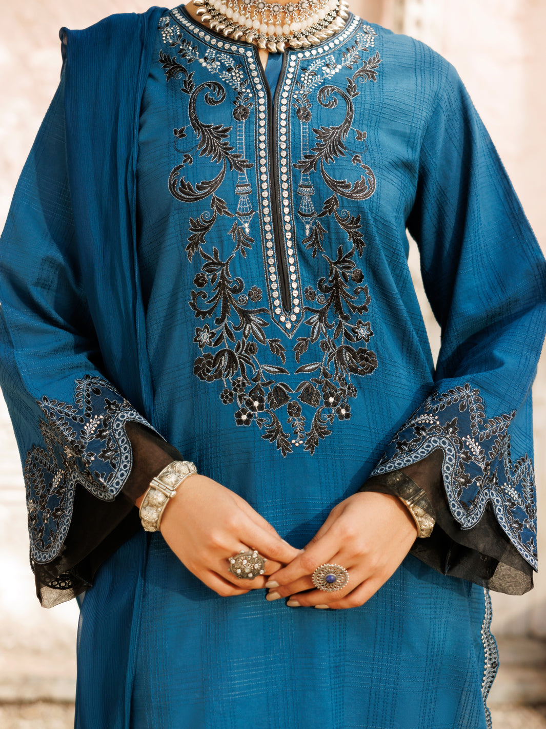 Dobby Teal Stitched Suit - Almirah