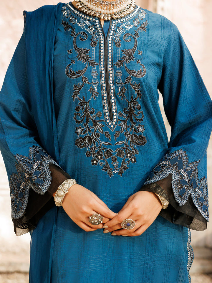 Dobby Teal Stitched Suit - Almirah