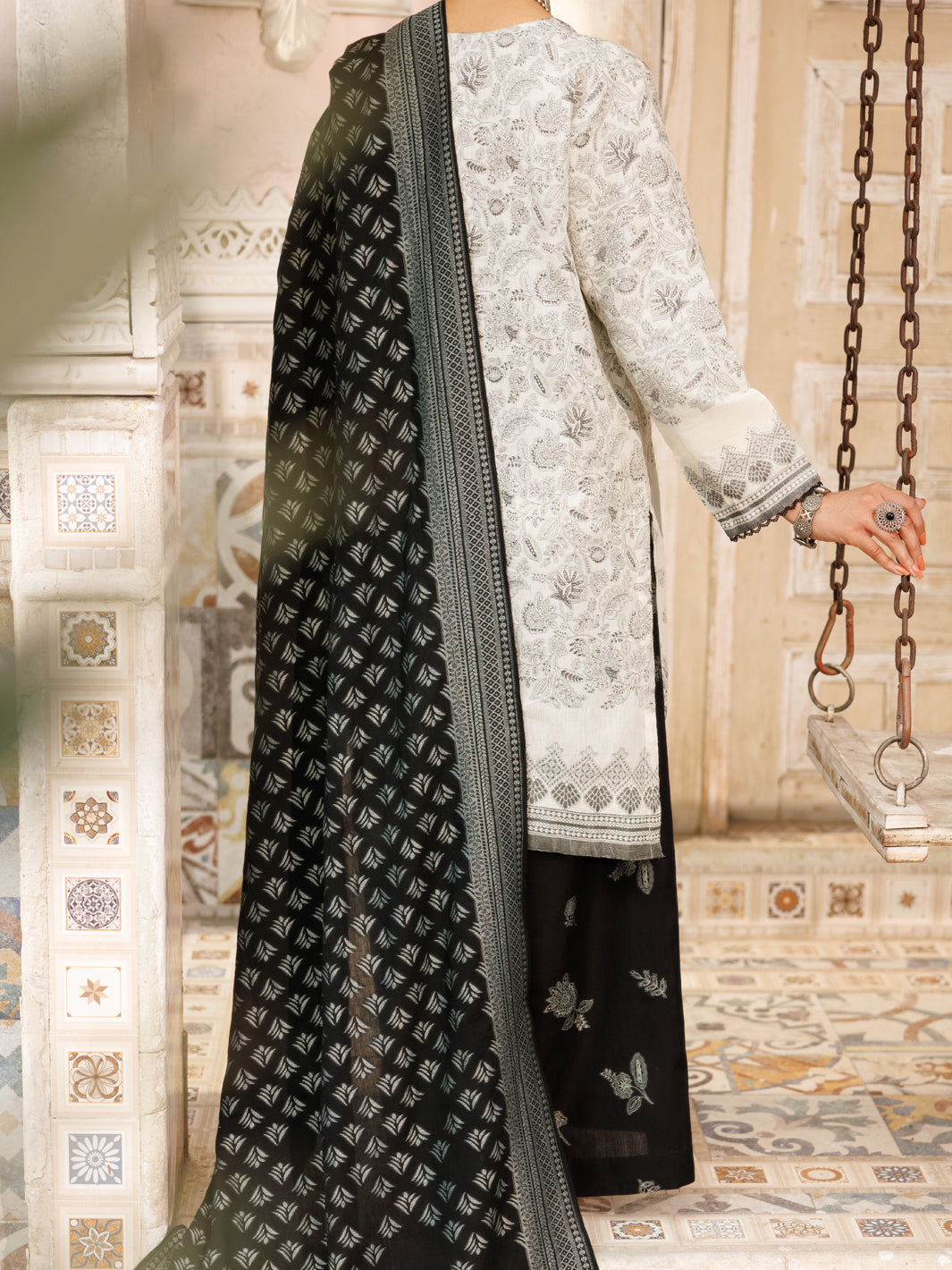 Jacquard Black & White Stitched Suit - Almirah