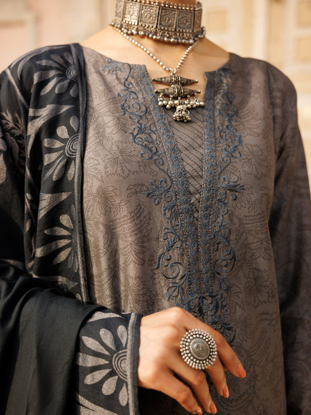 Cambric Grey Stitched Suit - Almirah