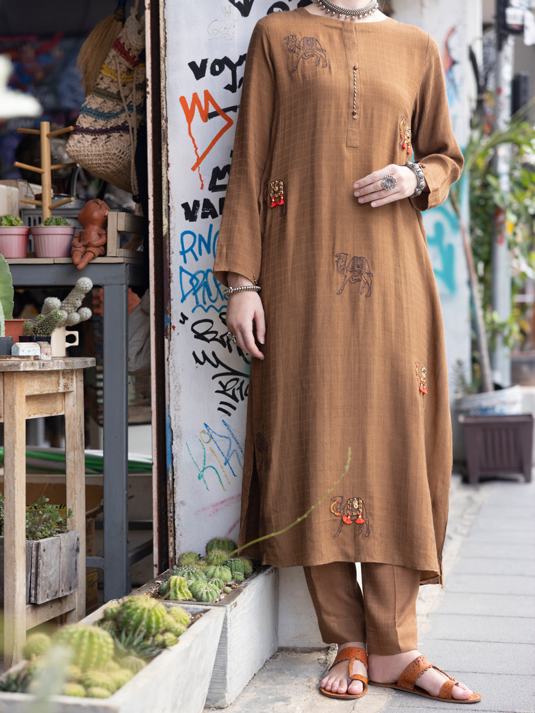 Cotton Dobby Brown Stitched Suit - Almirah