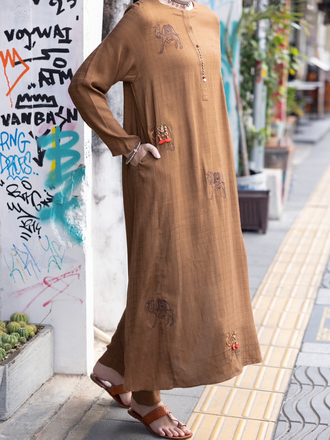 Cotton Dobby Brown Stitched Suit - Almirah