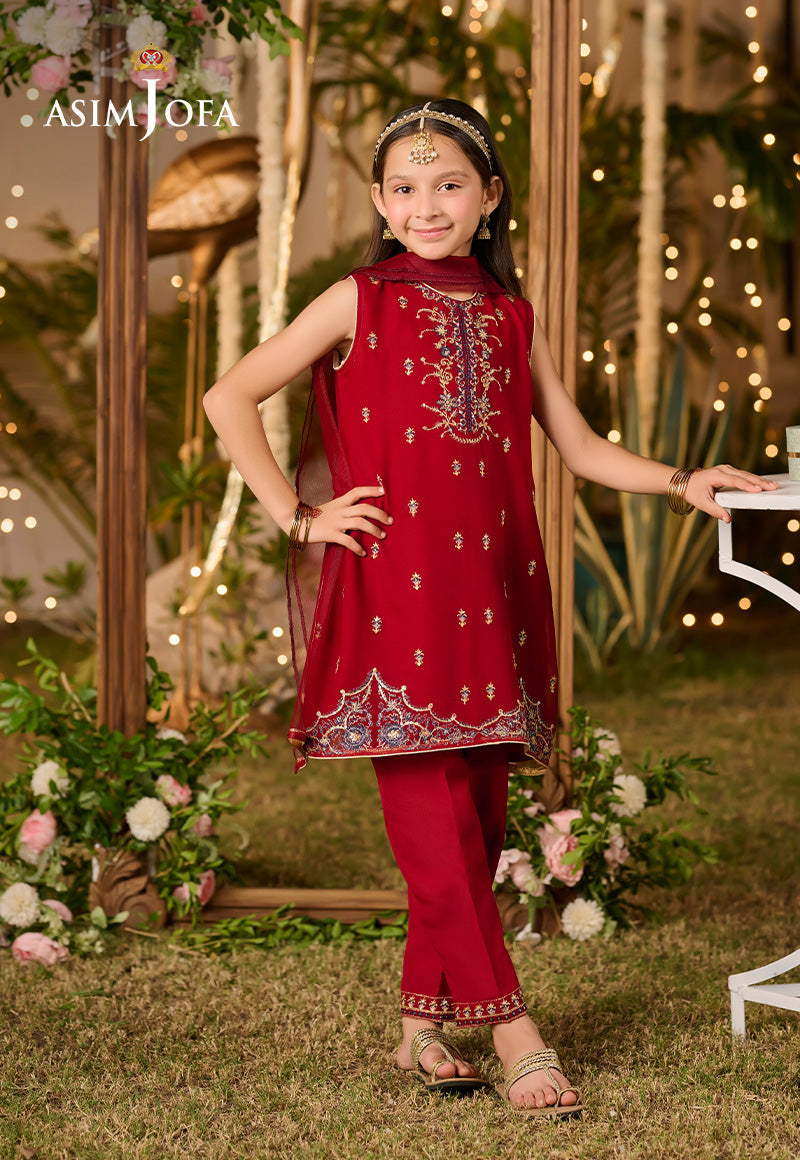 Poly Chiffon Red Stitched Suit - Asim Jofa