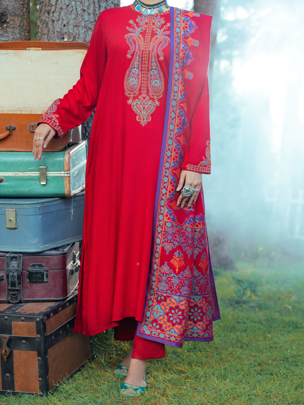 Viscose Dobby Red Stitched Suit - Almirah