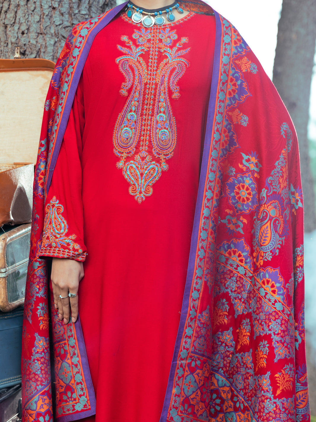 Viscose Dobby Red Stitched Suit - Almirah