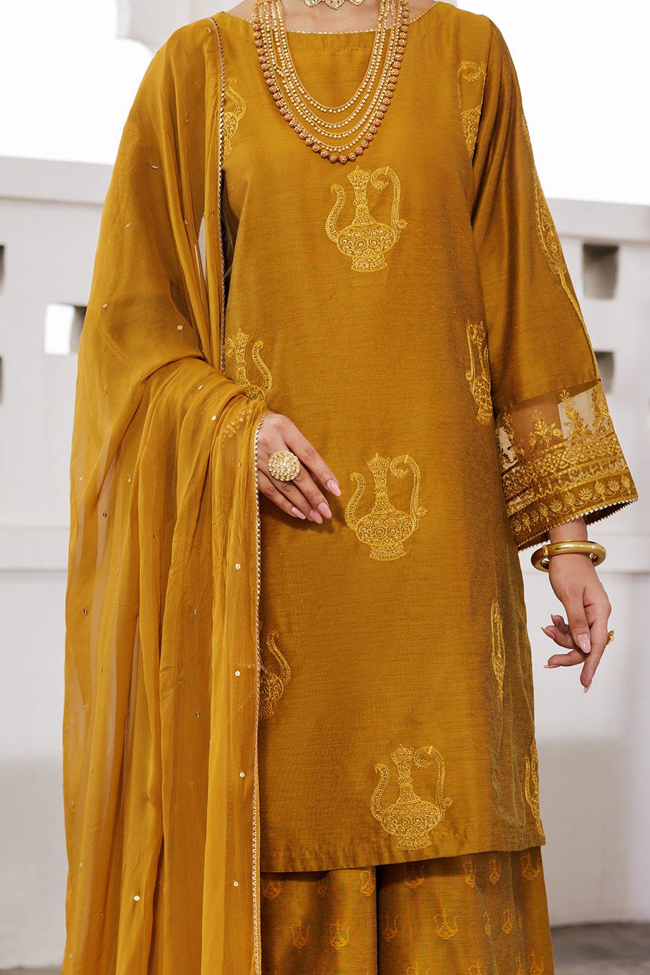 Poly Jacquard Mustard Stitched Suit - Almirah