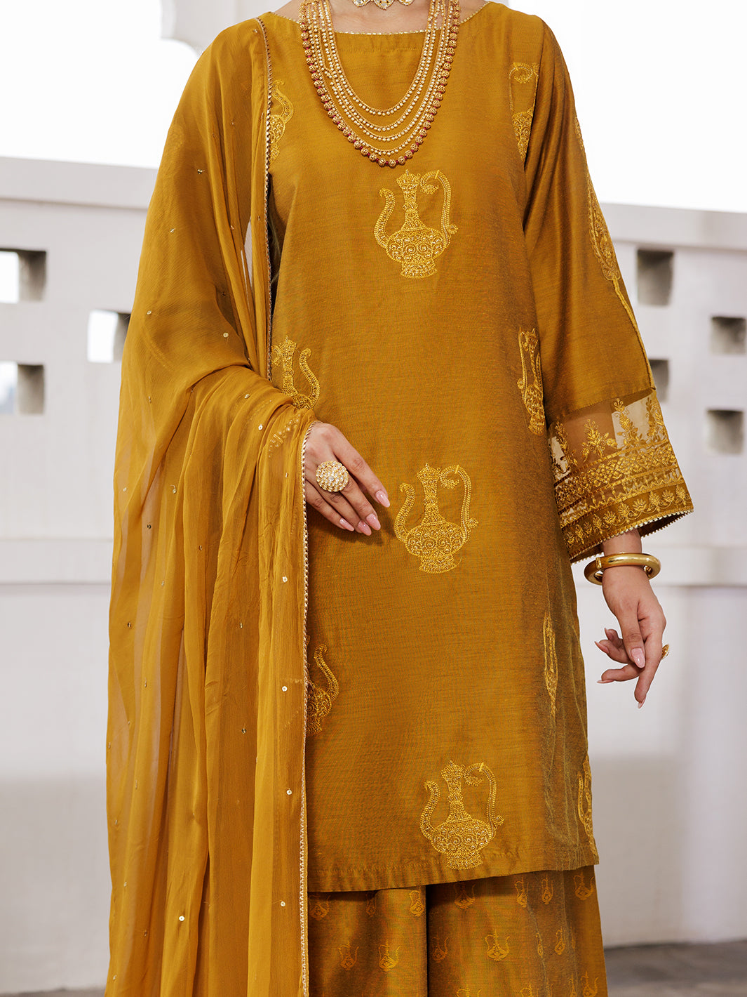 Poly Jacquard Mustard Stitched Suit - Almirah