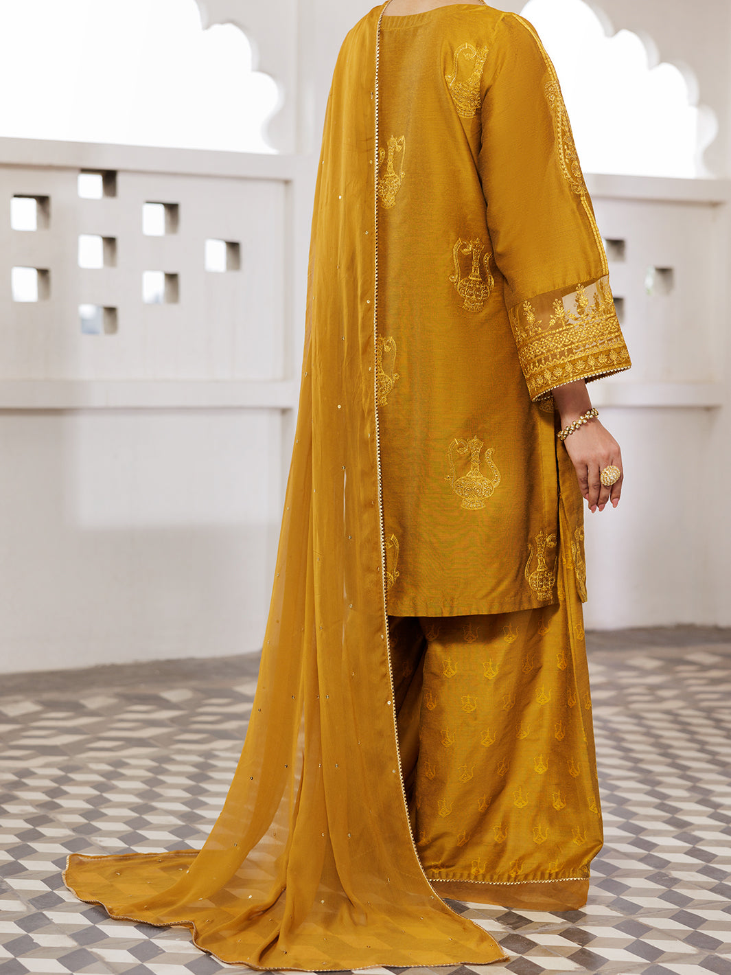 Poly Jacquard Mustard Stitched Suit - Almirah