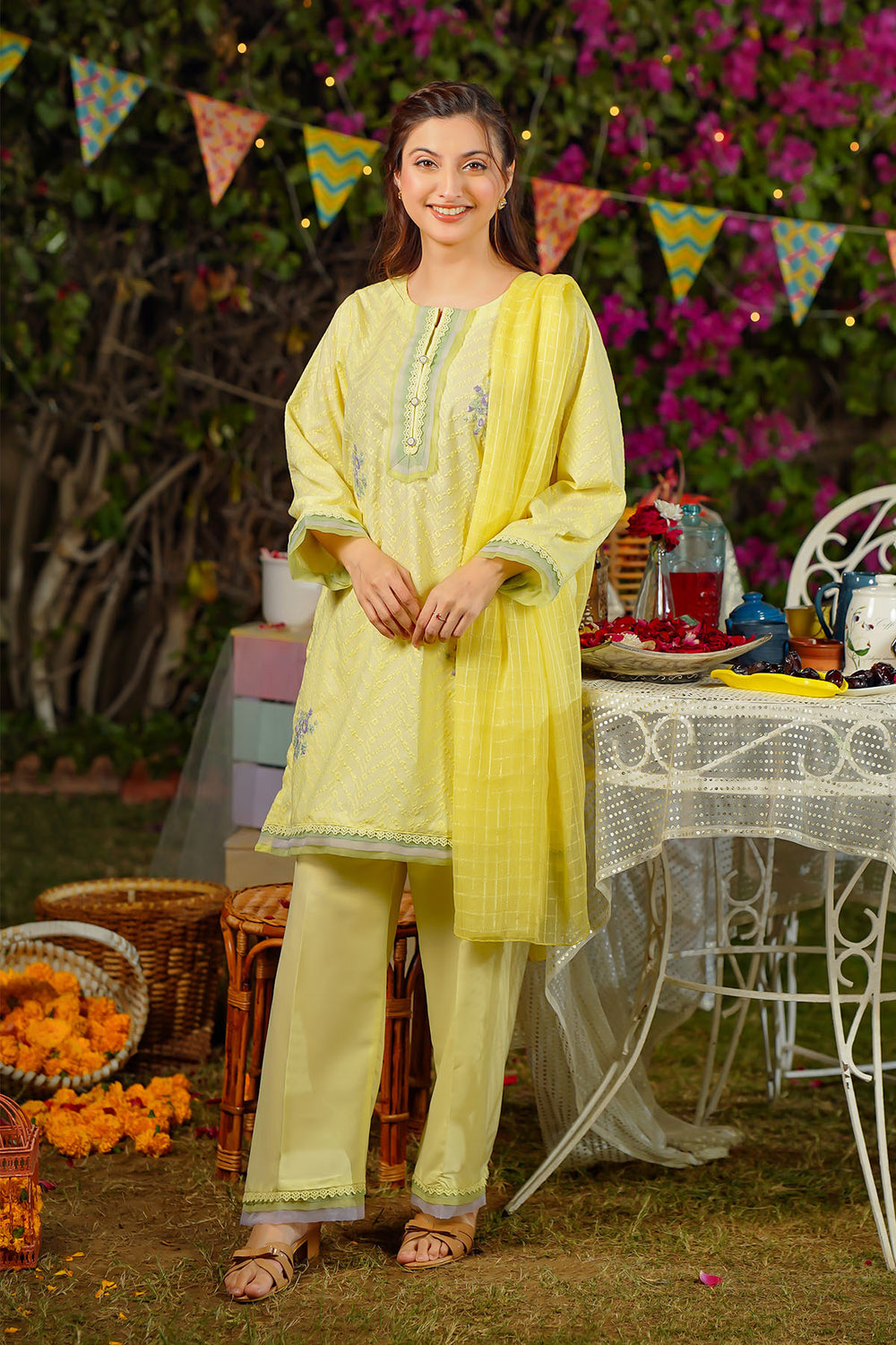Chikankari Embroidered Lemon Stitched Suit - Ochre