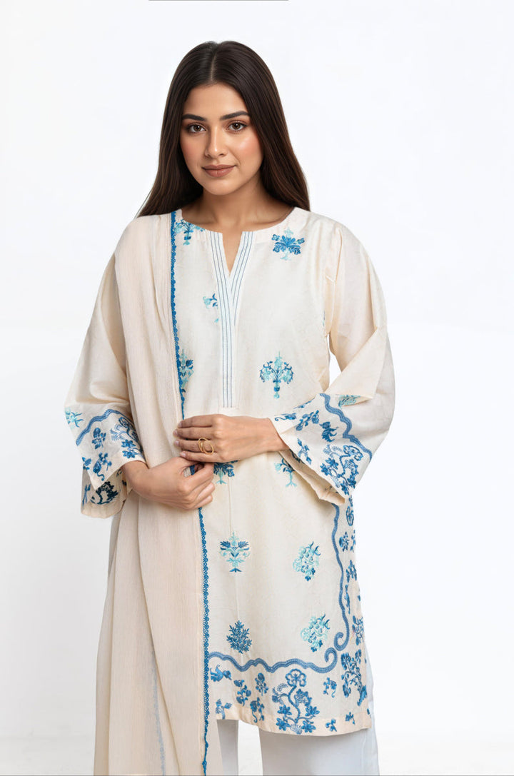Jacquard Off White Stitched Suit - Bonanza