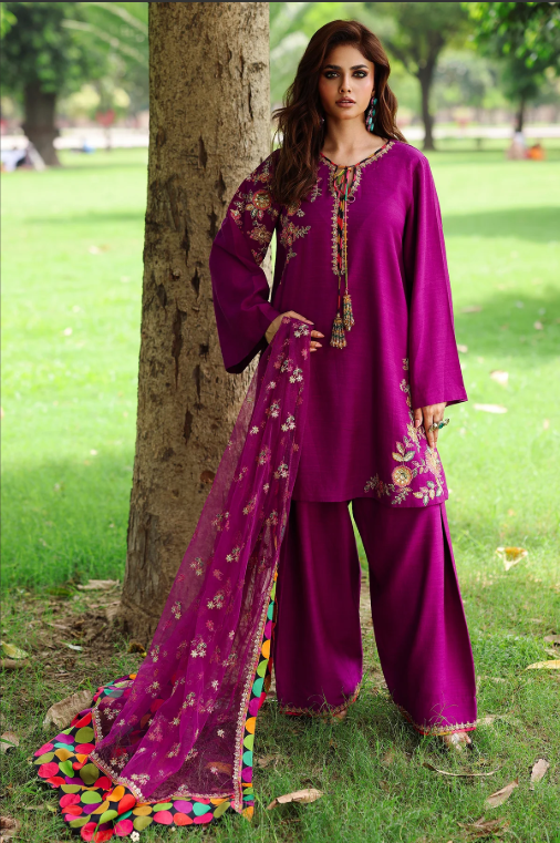 Embroidered Raw Silk Purple Stitched Suit - Charizma