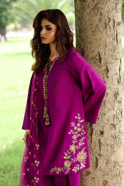 Embroidered Raw Silk Purple Stitched Suit - Charizma