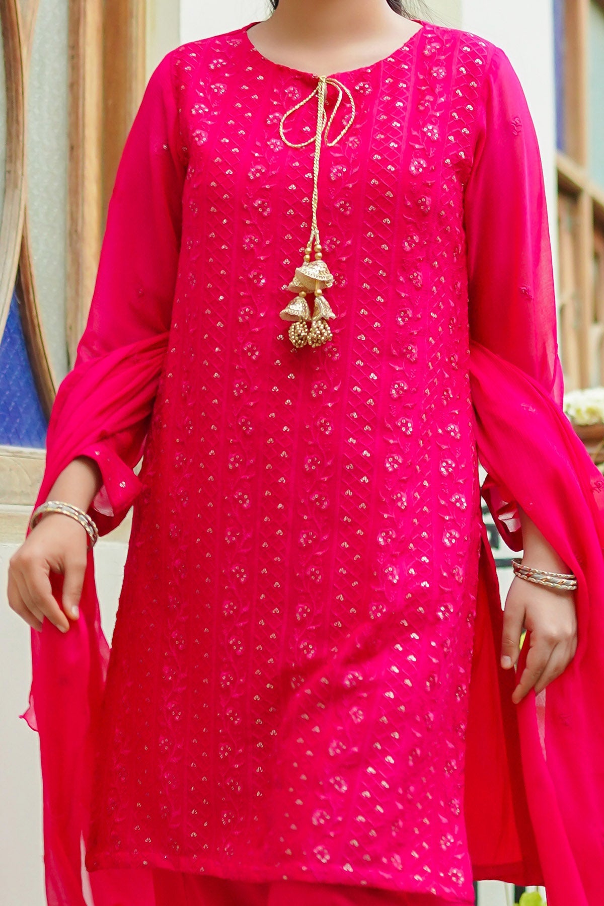 Chiffon Embroidered Red 3 Piece Stitched Suit - Ochre