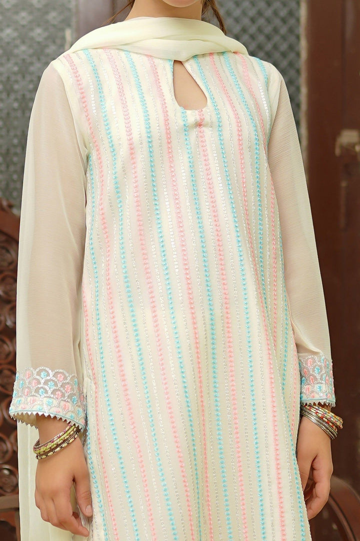 Chiffon Embroidered Off White 3 Piece Stitched Suit - Ochre