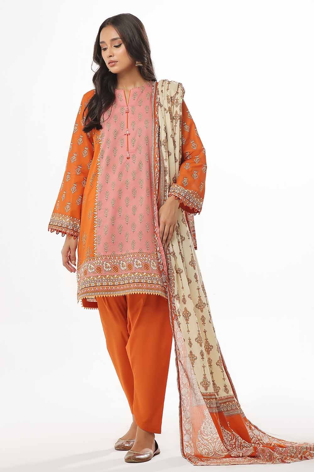 Lawn Orange Unstitched Suit - Gul Ahmed