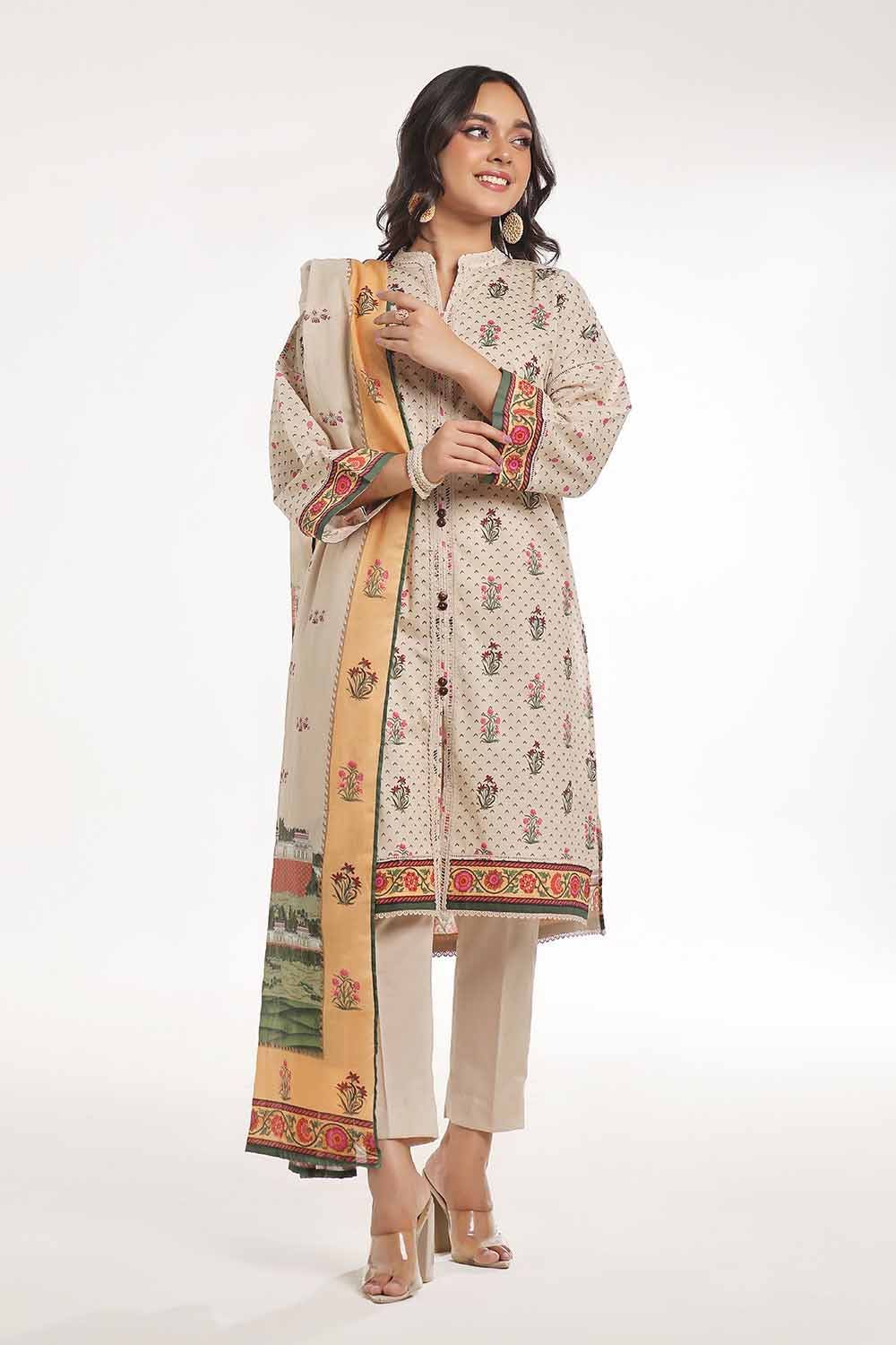 Printed Lawn Beige Unstitched Suit - Gul Ahmed