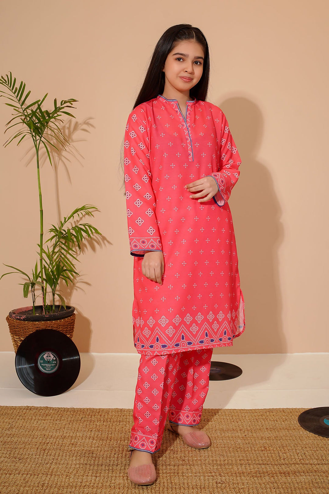 Swiss Lawn Digital Printed Coral Pink Stitched Suit - Ochre