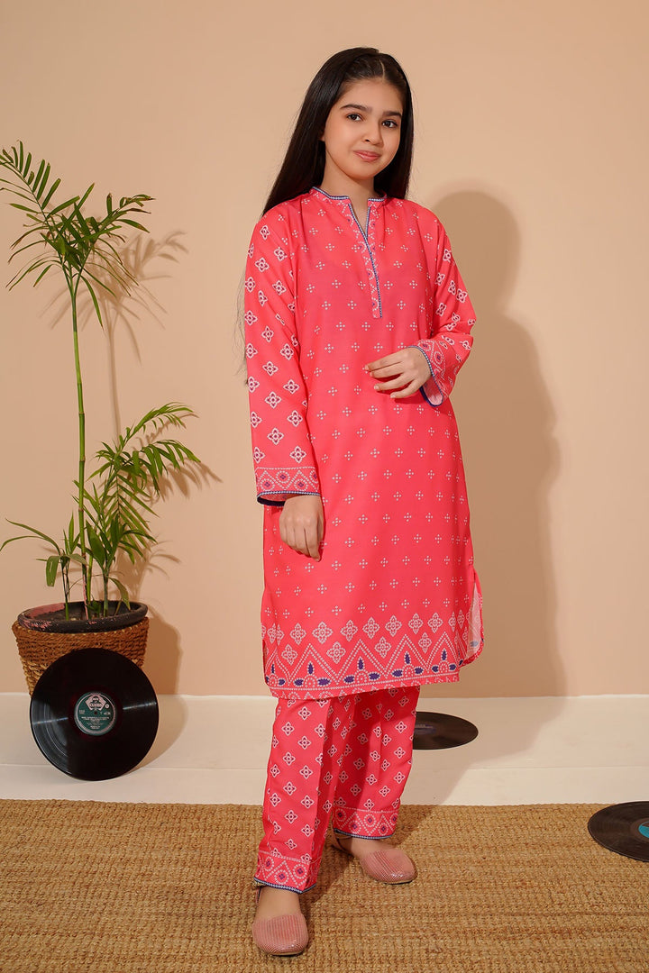 Swiss Lawn Digital Printed Coral Pink Stitched Suit - Ochre