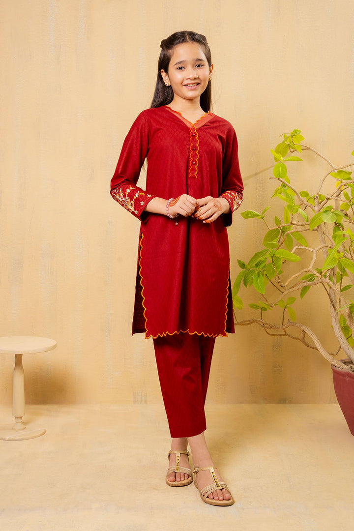 Cotton Embroidered Maroon Stitched Suit - Ochre
