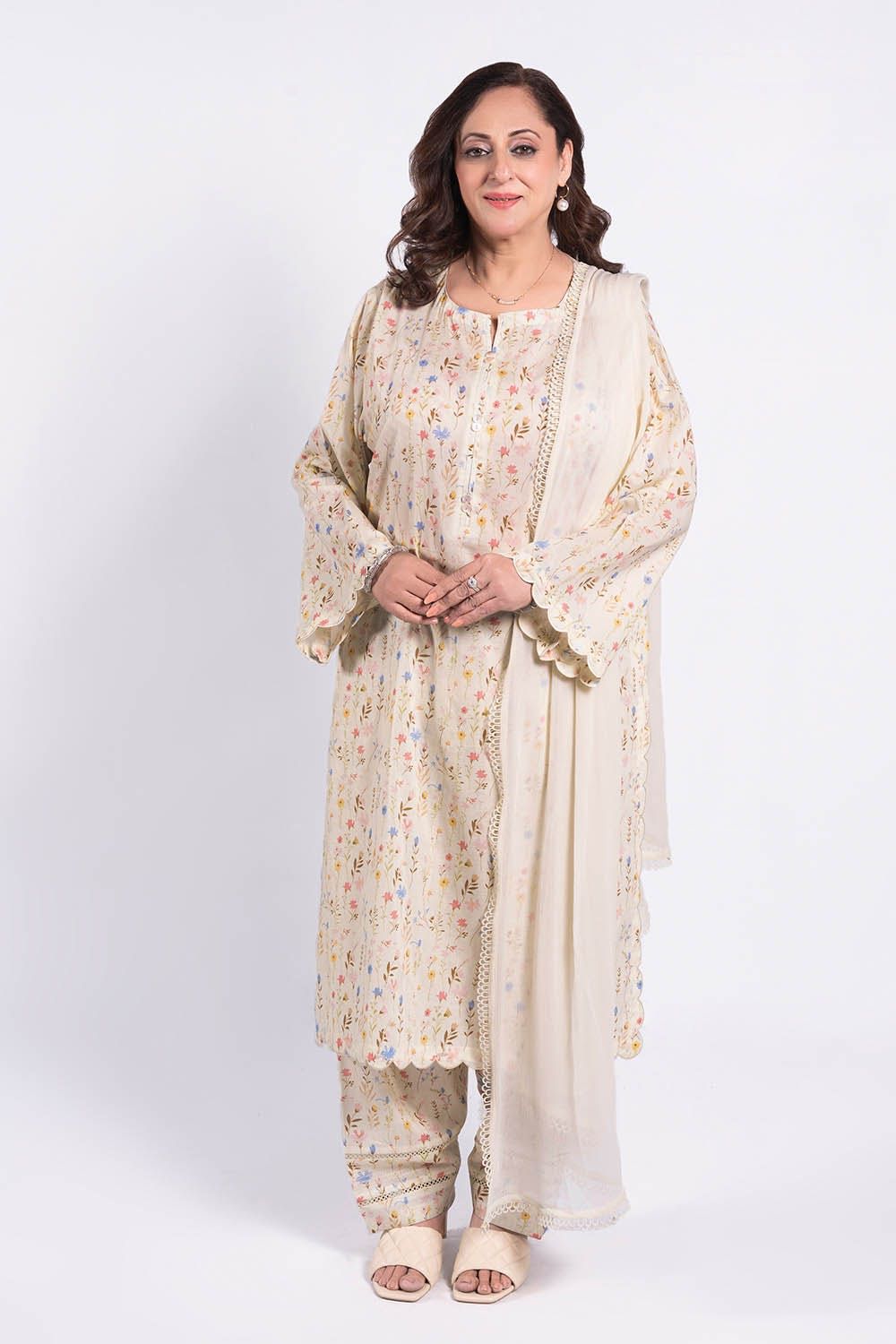 Printed Lawn Cream Unstitched Shirt - Gul Ahmed