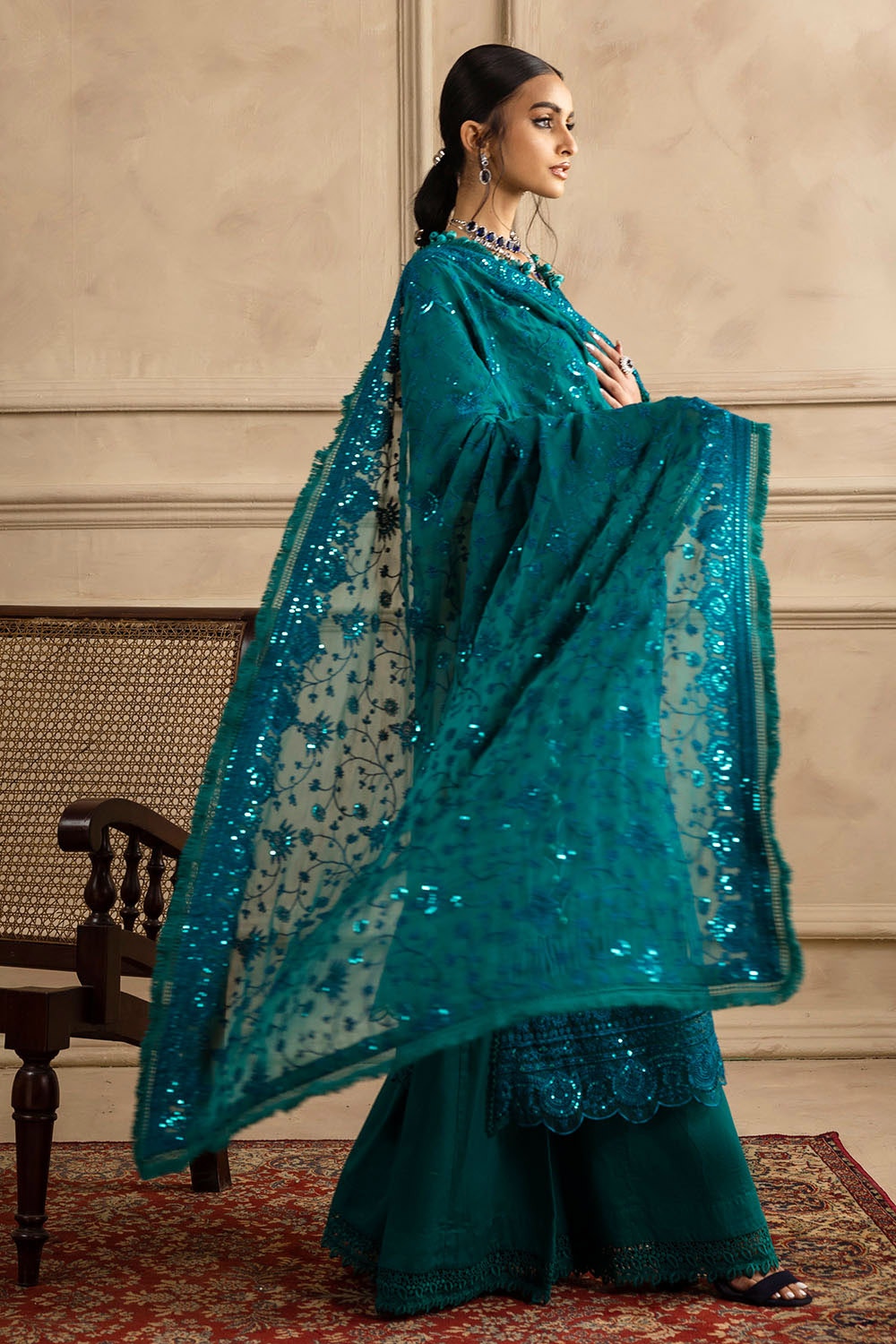 Embroidered Chiffon Bottle Green Stitched Suit - Gul Ahmed
