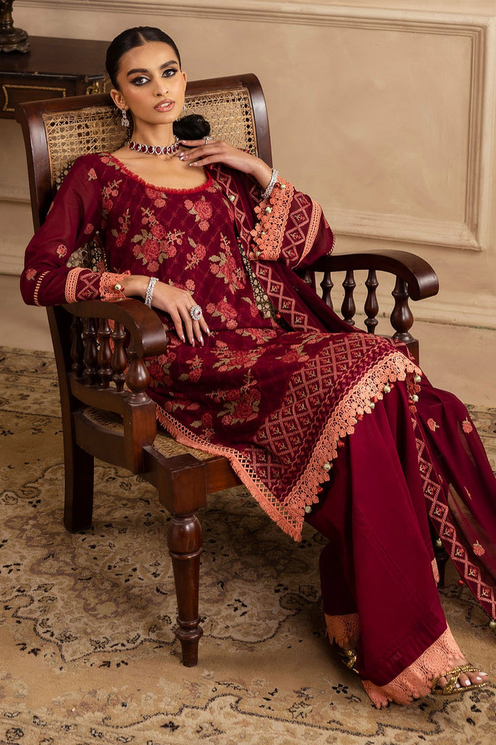 Embroidered Swiss Voile Maroon Stitched Suit - Gul Ahmed