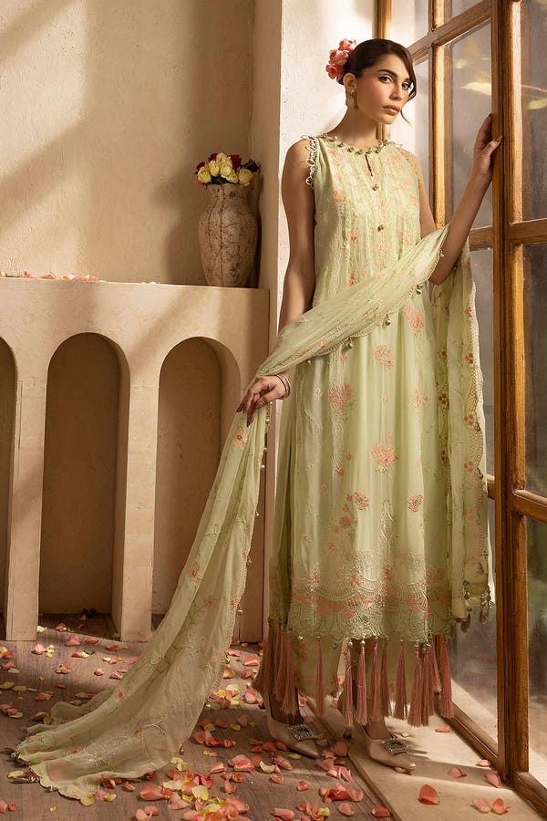 Embroidered Chiffon Light Green Stitched Suit - Gul Ahmed