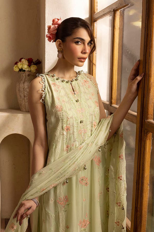Embroidered Chiffon Light Green Stitched Suit - Gul Ahmed