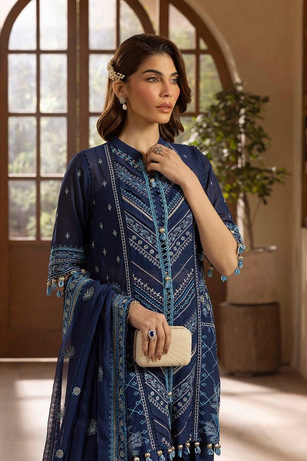 gul ahmed blue dress Gul Ahmed's Stunning Blue Embroidered Pashmina Dress
