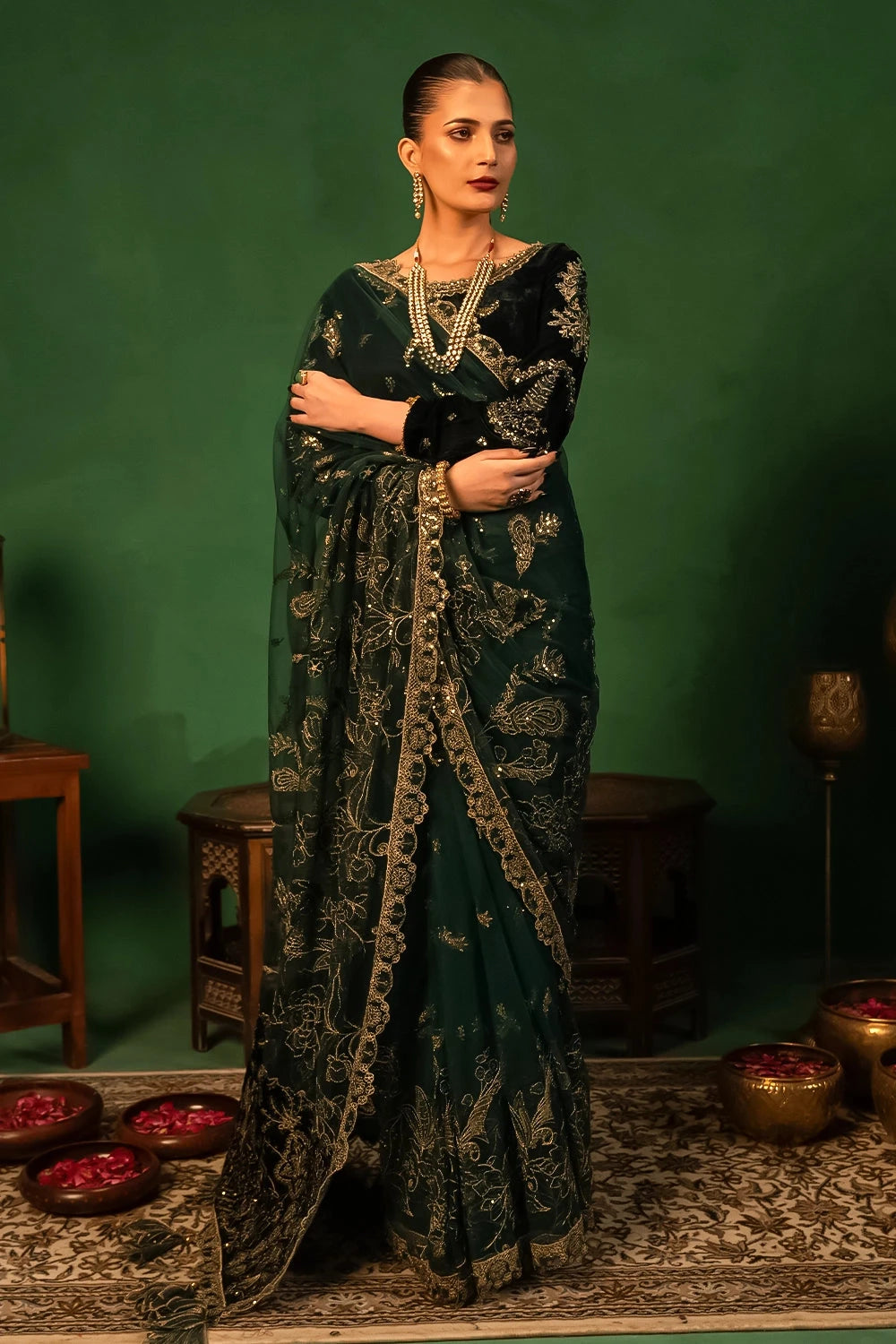 Embroidered Velvet Emerald Green Stitched Saaree - Meherbano by Khas