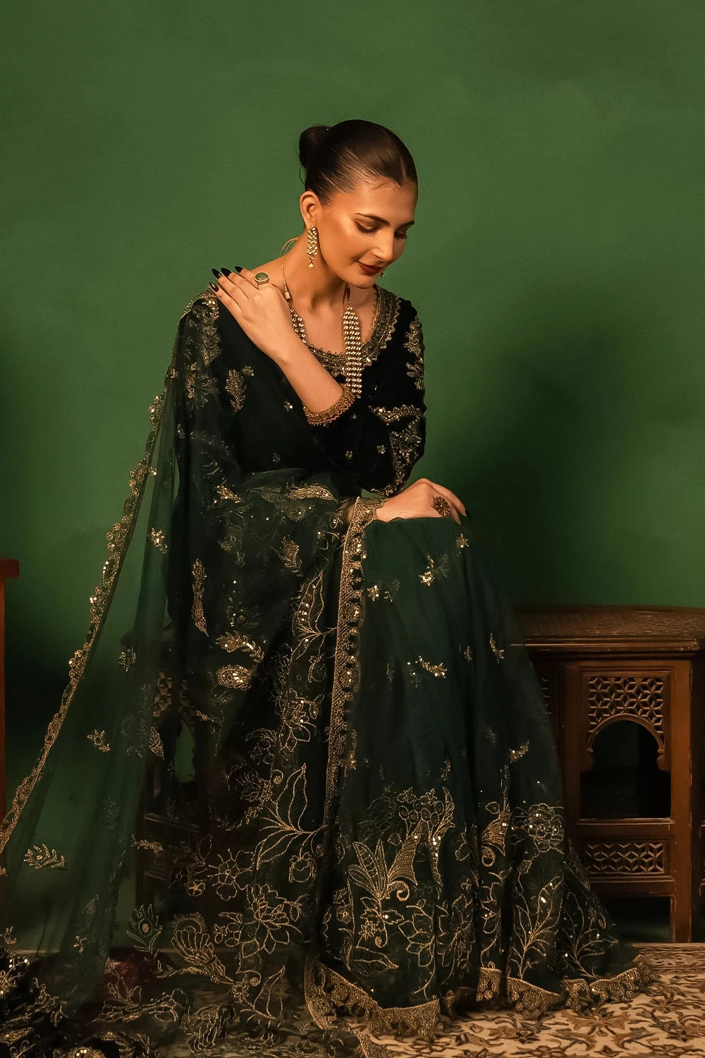 Embroidered Velvet Emerald Green Stitched Saaree - Meherbano by Khas