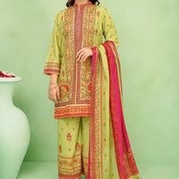 Poly Lawn Digital Printed Lime Green Stitched Suit - Ochre