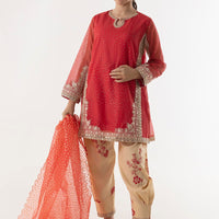 Cotton Net Beige & Red Stitched Suit - Sana Safinaz