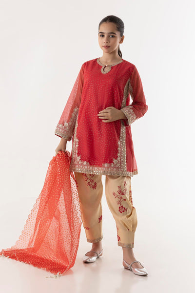 Cotton Net Beige & Red Stitched Suit - Sana Safinaz