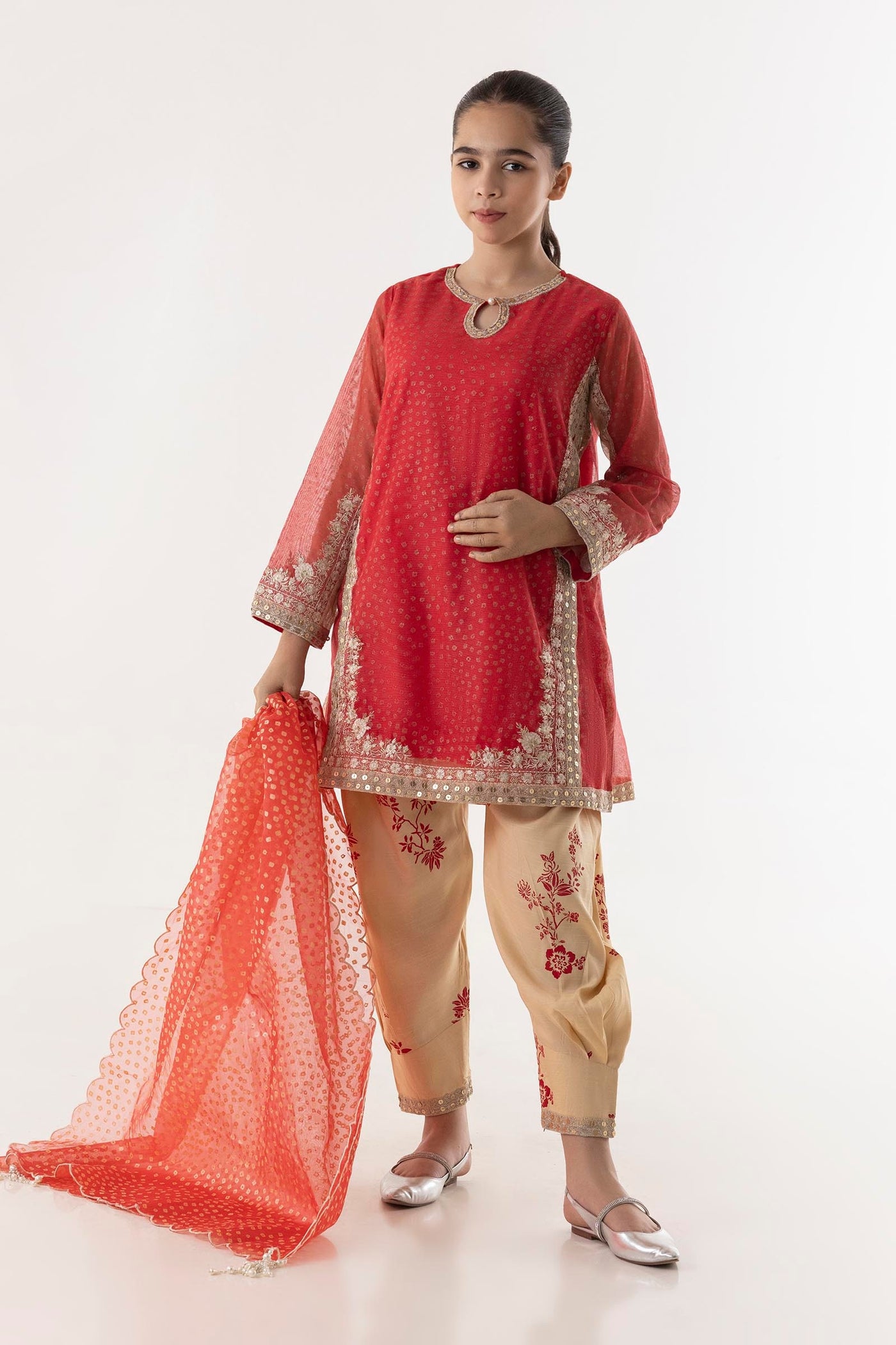 Cotton Net Beige & Red Stitched Suit - Sana Safinaz