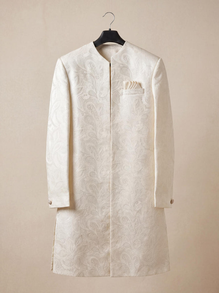 Ivory Embroidered Sherwani Set with Long Sleeveless Waistcoat