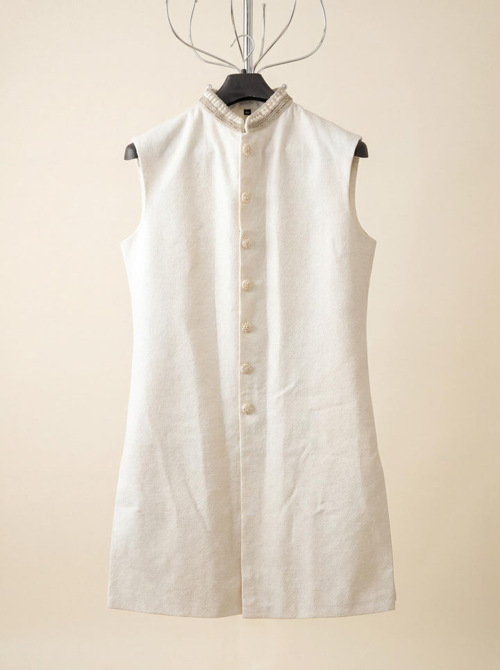 Ivory Embroidered Sherwani Set with Long Sleeveless Waistcoat