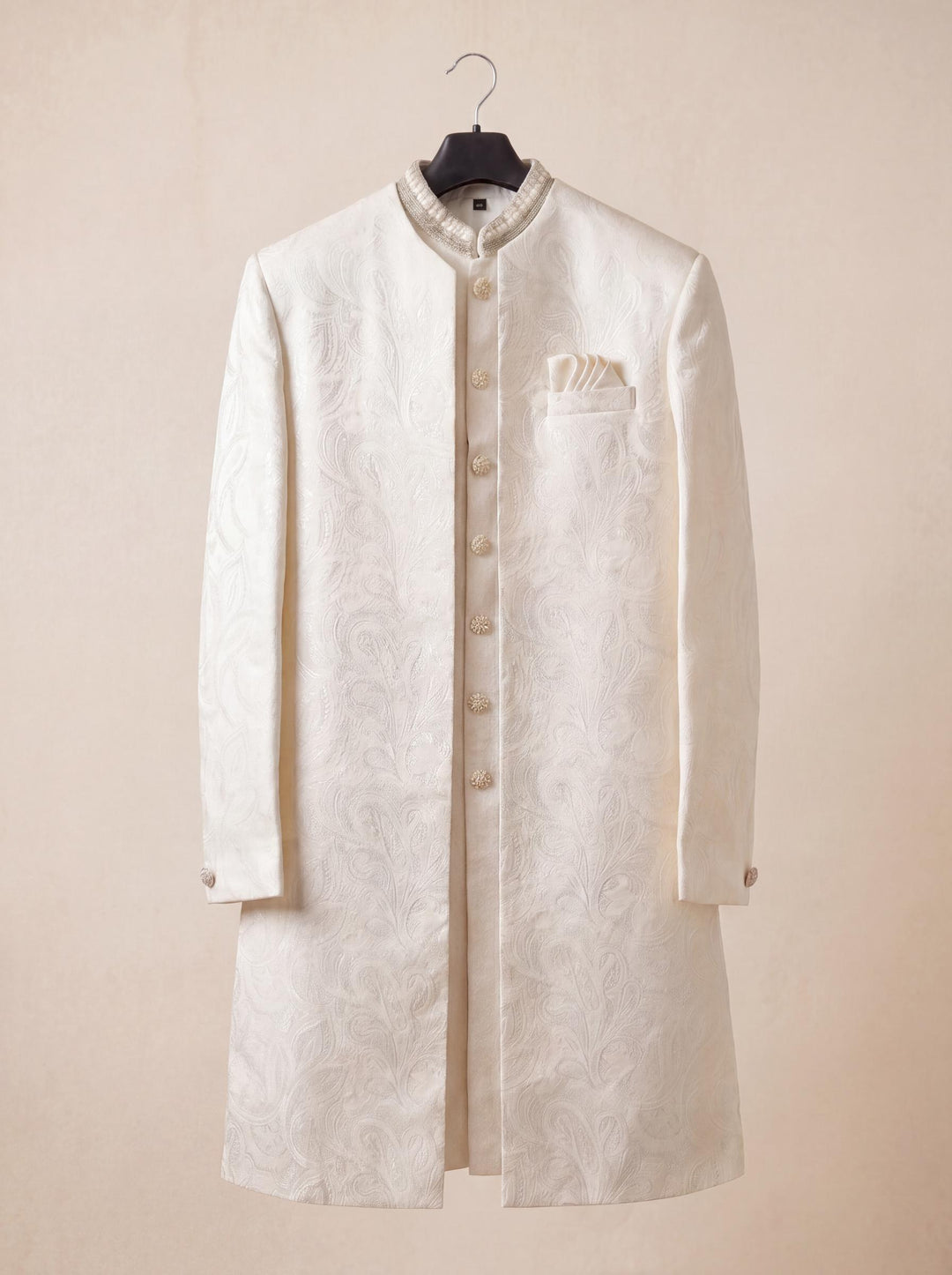Ivory Embroidered Sherwani Set with Long Sleeveless Waistcoat