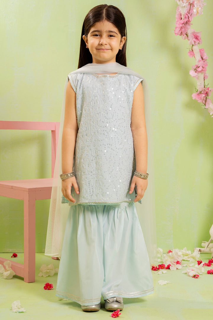 Sequence Embroidered Net Blue Stitched Suit - Ochre