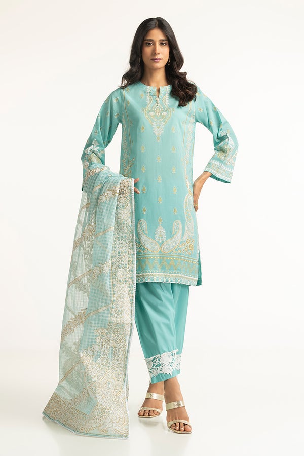 Lawn Embossed And Gold Printed Blue Stitched Suit - Gul Ahmed