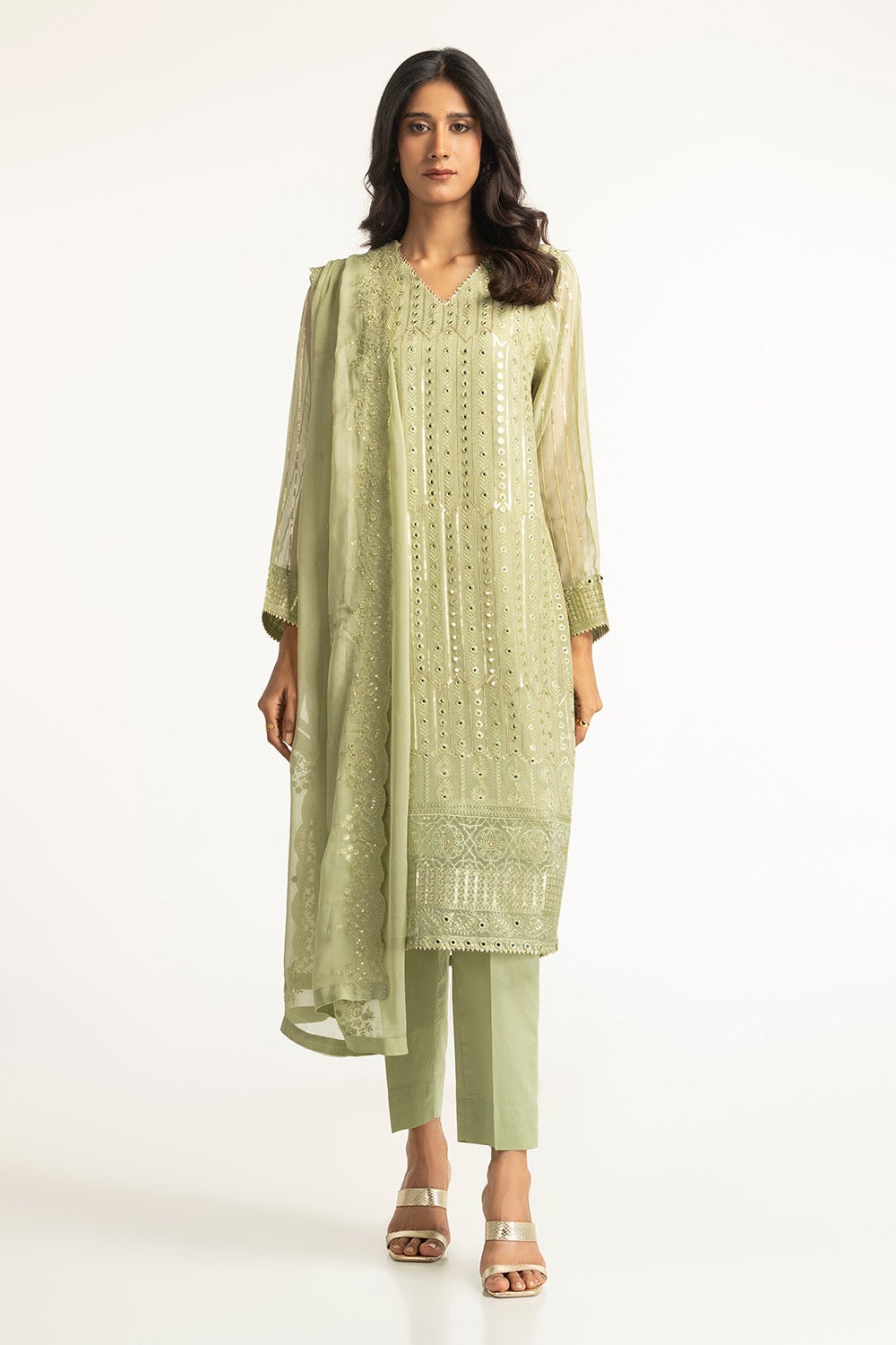 Chiffon Embroidered Green Stitched Suit - Gul Ahmed