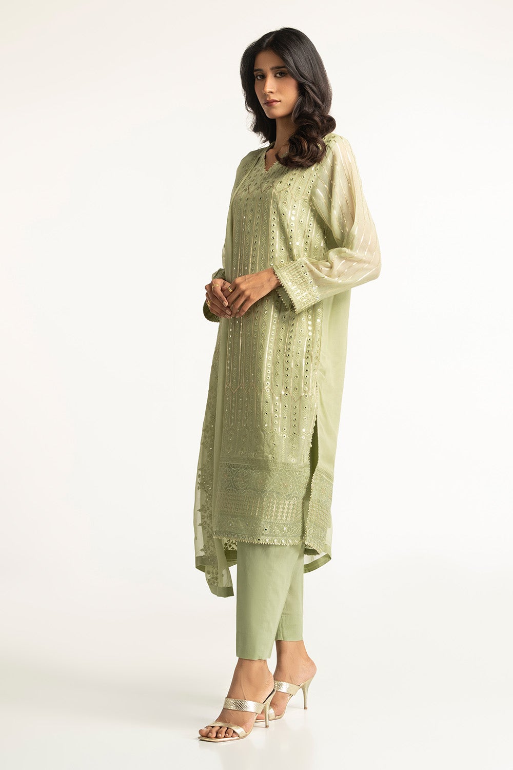 Chiffon Embroidered Green Stitched Suit - Gul Ahmed