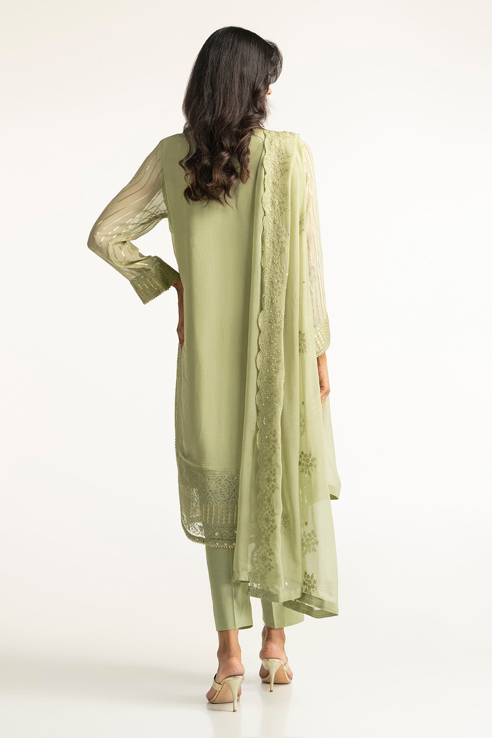 Chiffon Embroidered Green Stitched Suit - Gul Ahmed