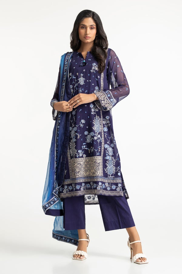 Chiffon Embroidered Navy Blue Stitched Suit - Gul Ahmed