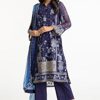 Chiffon Embroidered Navy Blue Stitched Suit - Gul Ahmed